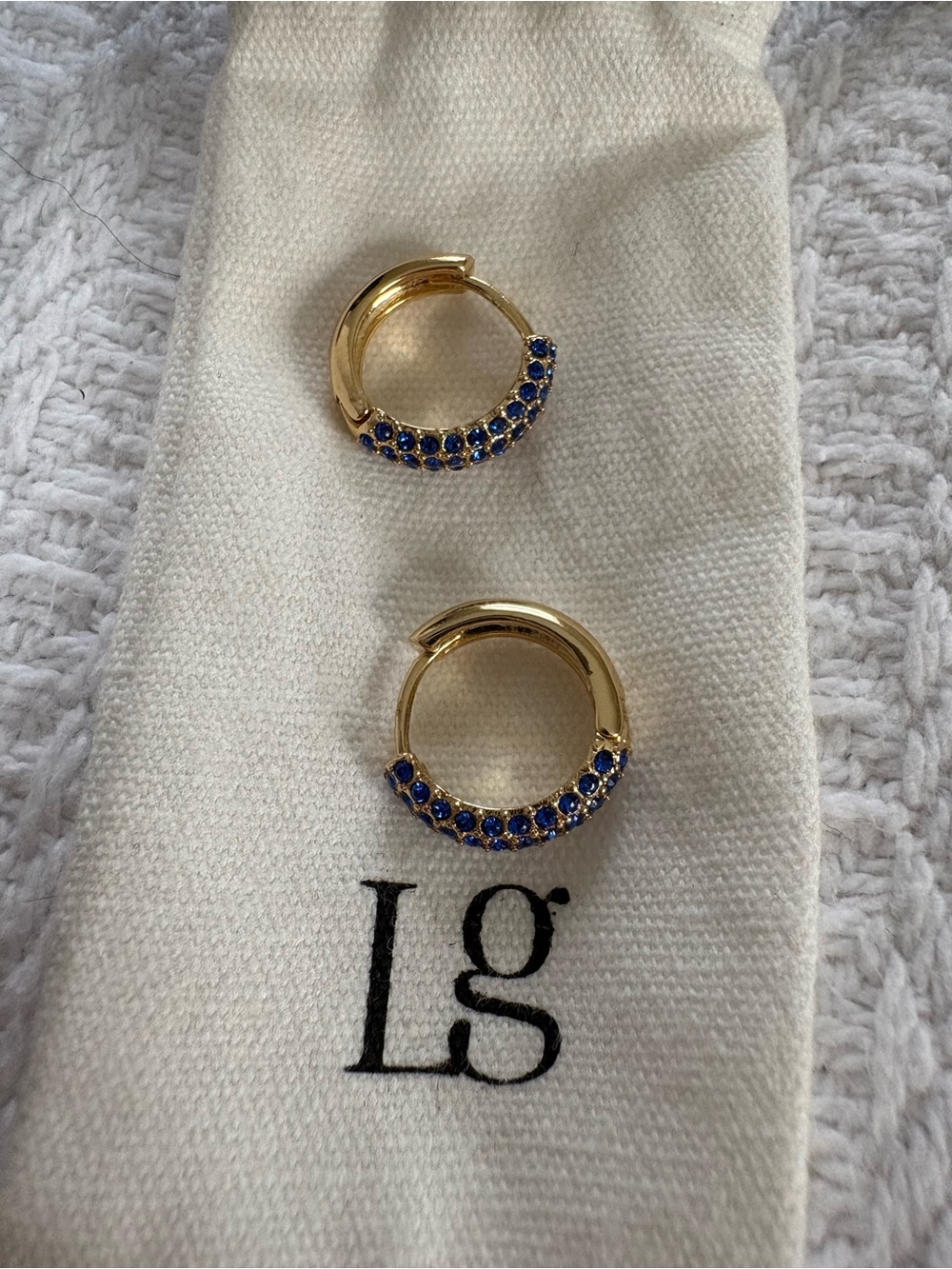 Lisa Gozlan Gold Huggie Hoop Earrings with Blue Stones - Picture 2 of 4